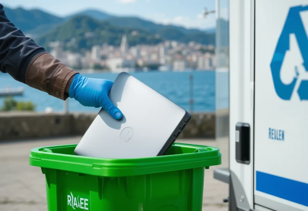 Operatore smaltisce laptop in contenitore RAEE a Palermo, servizio recupero rifiuti elettronici, vicino a camion RAEE
