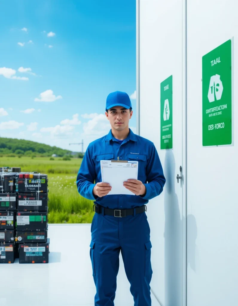 un'operaio specializzato ed adetto allo smaltimento delle batterie esauste con in mano un Modulo per il ritiro di batterie esauste a Palermo con compilazione del formulario rifiuti Ecometal