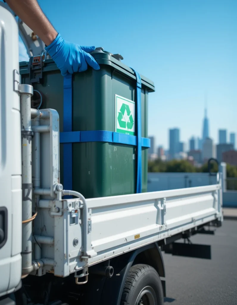 Operatore fissa contenitore per smaltimento batterie esauste su camion a Palermo, simbolo riciclaggio, servizio con formulario