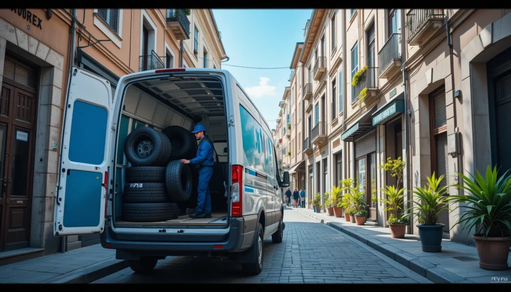 Operatore carica pneumatici PFU su furgone a Palermo, servizio recupero e smaltimento gomme, gestione rifiuti