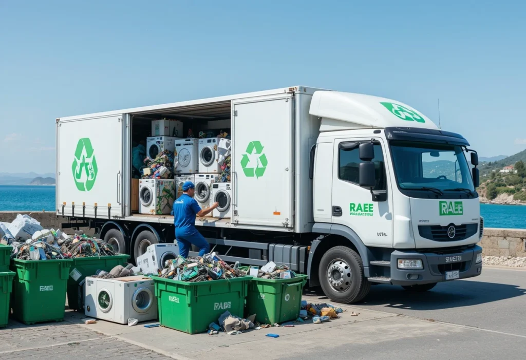Operatore carica rifiuti RAEE su camion a Palermo, smaltimento elettrodomestici, contenitori riciclaggio, servizio RAEE