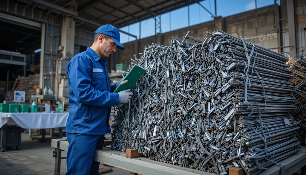 Operatore controlla materiali metallici e ferrosi a Palermo, recupero e acquisto rottami, magazzino industriale